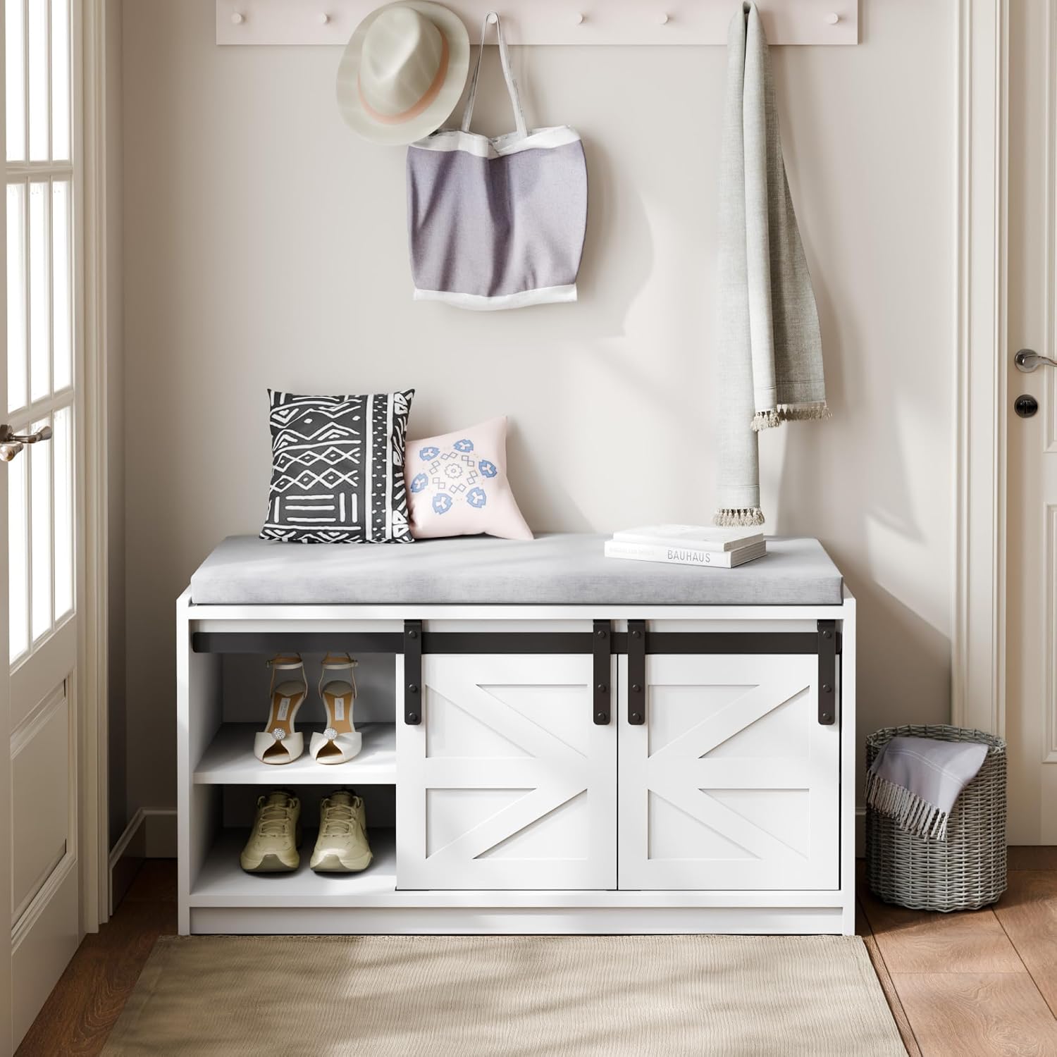 Mondeer Shoe Storage Bench, 2-Tier Farmhouse Entryway Bench with Sliding Barn Door Storage Cabinets & Removable Seat Cushion, for Entryway Hallway Bedroom, 90 x 45 x 35 cm, White