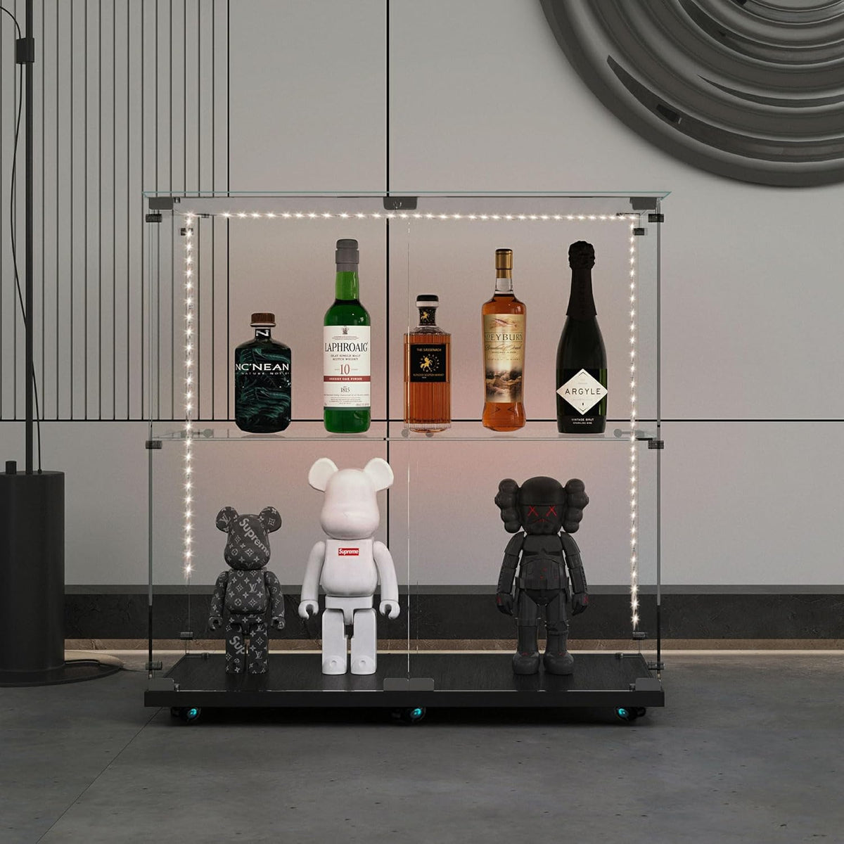 2-Tier Glass Display Cabinet with Bluetooth LED Light Strip, 2-Door Floor Standing Curio Cabinet with Universal Wheel for Home, Black Glass Bookshelf for Collections, Clear Top