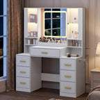 BORNOON Vanity Desk with Mirror and Lights, Makeup Vanity with 7 Drawers, 2 Glass Door Cabinets, Charging Station, Adjustable Shelves, RGB Lighting, Holder