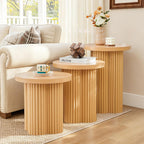 Nesting Coffee Table Set of 3, Fluted Round Nesting Tables Mid Century Modern Coffee Table Boho Wooden Accent End Table Set for Living Room Home Office Small Space