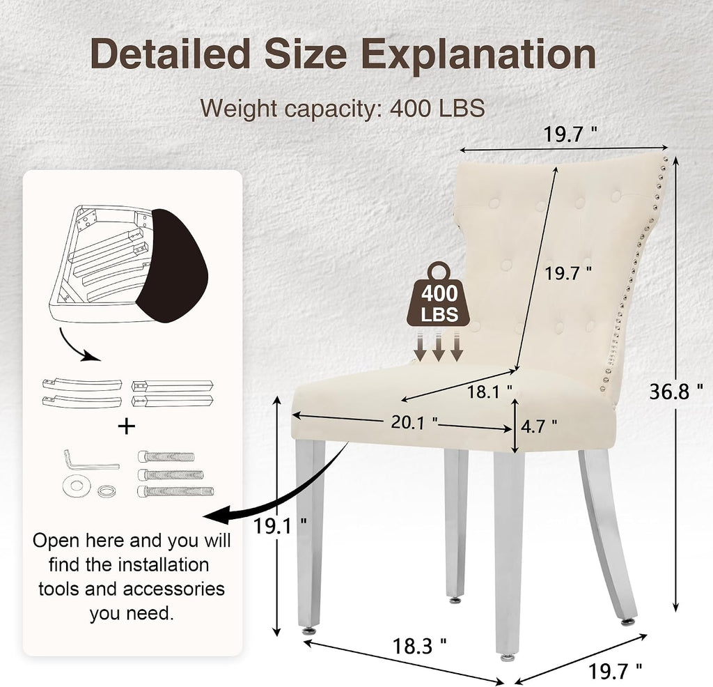 adochr Velvet Dining Chairs Set of 2, Upholstered Kitchen Chairs with Mteal Legs, Modern Button Tufted Back with Square Pull Ring Trim for Dining Room, Beige