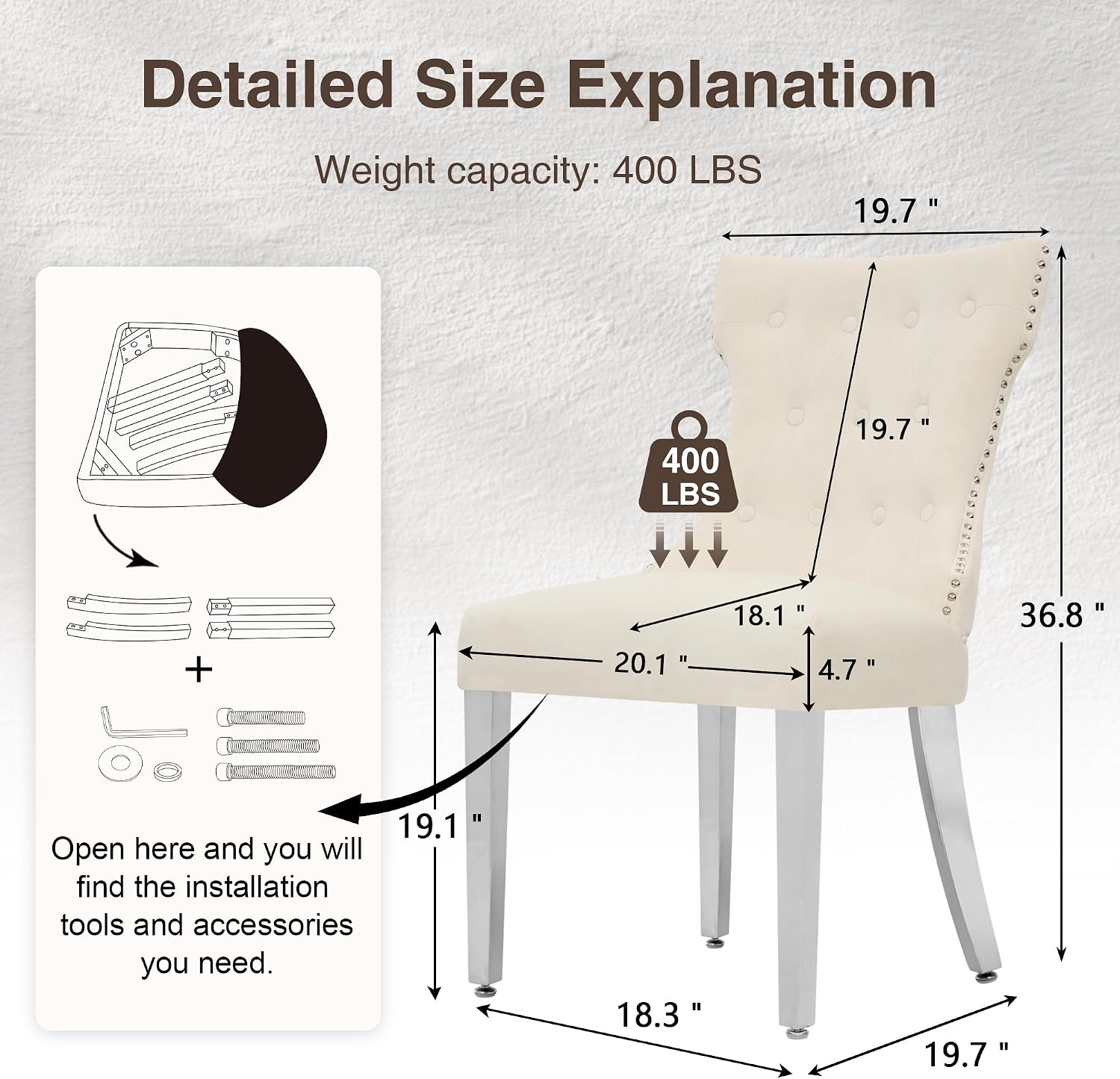 adochr Velvet Dining Chairs Set of 2, Upholstered Kitchen Chairs with Mteal Legs, Modern Button Tufted Back with Square Pull Ring Trim for Dining Room, Beige