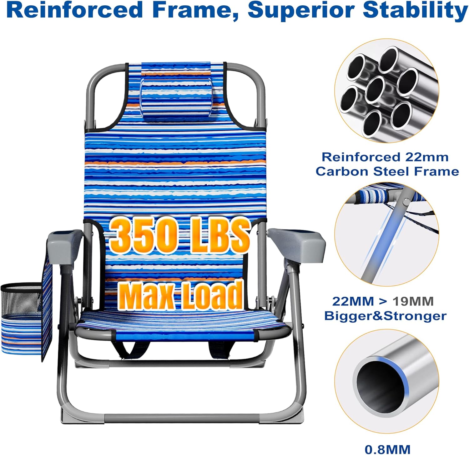 DIAMONDFORGE 2 Pack Lightweight Portable Beach Chair for Adults, 350 LBS Capacity Backpack Beach Chair, Reclining Beach Chair with 5-Position Lay Flat, Large Cup Holder for Beach Camping Sports