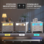 FREDEES 28'' Large Night Stand with Charging Station & LED Light | Bedside Table w/ Outlet, 3-Color Lights, Solid Wood Legs, End Tables Bedroom Livingroom, Farmhouse Natural Wood
