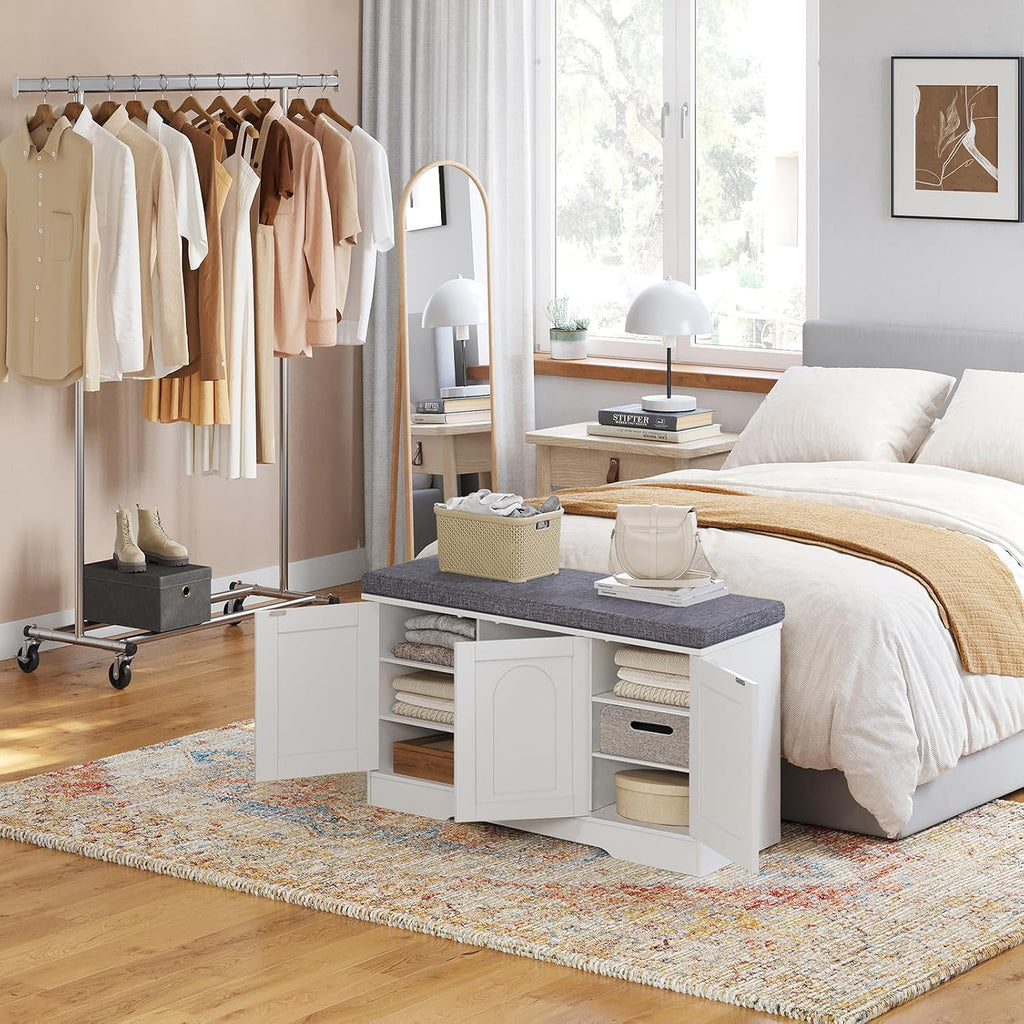 DINZI LVJ Shoe Bench, Entryway Storage Bench with Doors, Cushion, 3-Tier Shoe Rack with 9-Cubby, 39.4" L x 13.8" W Shoe Organizer Cabinet, Fully Adjustable Shelves, Living Room, Bedroom, White