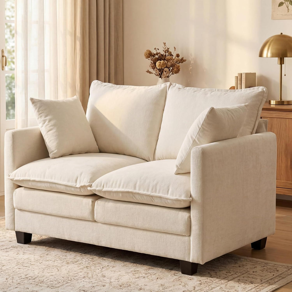 KYJ Loveseat Sofa, Cloud Love Seat Couch 3 Layer Cushion for Small Spaces | 50" Chenille Small Sofa, 27" Deep Seat, 2 Washable Pillow, in a Box for Bedroom & Living room, Singles, Couple & Kid, Beige