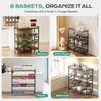 Cinati 4-Tier Utility Kitchen Cart with Wood Top, 29" W Kitchen Storage Cart with 8 Baskets & Handle, Metal Snack Cart with Wheels, Adjustable Pantry Organizer and Storage Cart for Fruit, Vegetables