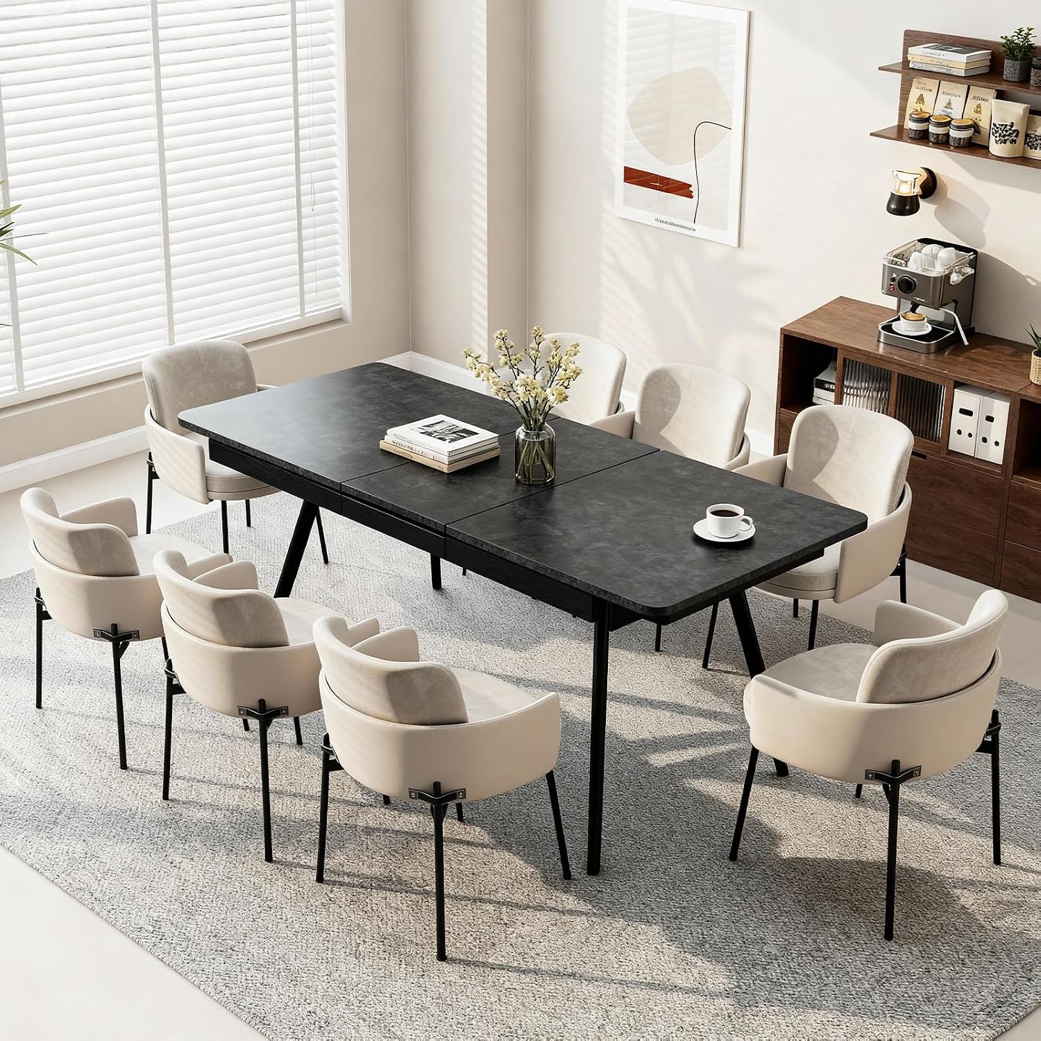 Extendable Dining Table 47-59 Inch - Space-Saving Slide-Out Design, Black Lava MDF Top for 4-8 People, Perfect for Dining Room, Apartment & Home Office