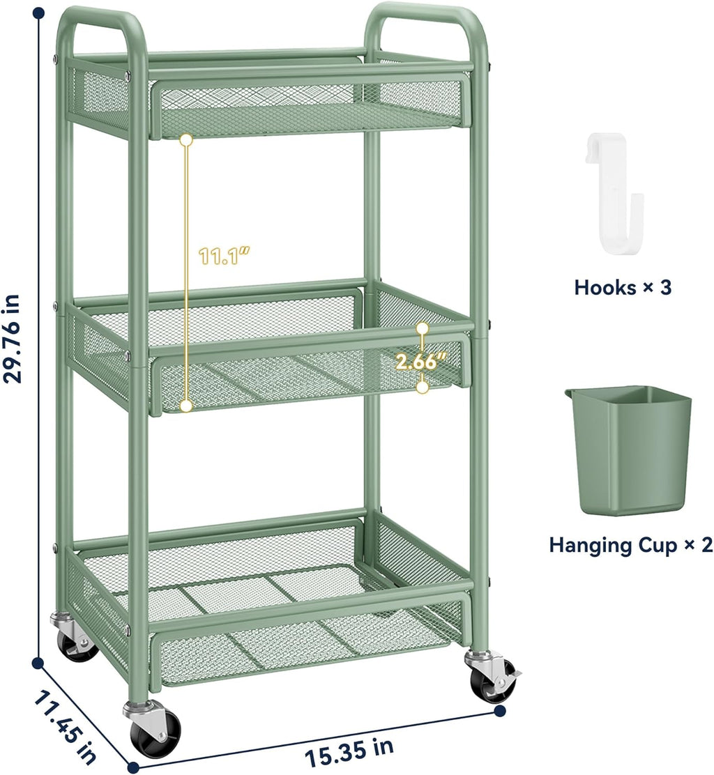 YASONIC 3 Tier Metal Rolling Cart, Green Utility Storage Cart with Wheels | Metal Mesh Craft Cart With Hooks & Hanging Cups, Ideal For Kitchen, Bathroom, Office, Dorm, Art Workspace, Bedside Storage
