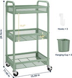 YASONIC 3 Tier Metal Rolling Cart, Green Utility Storage Cart with Wheels | Metal Mesh Craft Cart With Hooks & Hanging Cups, Ideal For Kitchen, Bathroom, Office, Dorm, Art Workspace, Bedside Storage