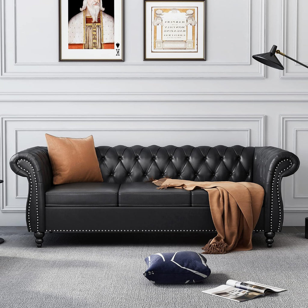 AVZEAR 84" Chesterfield Sofa 3-Seater, Classic Roll Arm PU Leather Couch with Button Tufted Back, Stain Resistant Upholstered Settee Large Sofa for Living Room, Black