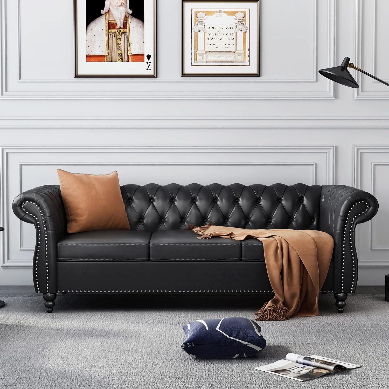 AVZEAR 84" Chesterfield Sofa 3-Seater, Classic Roll Arm PU Leather Couch with Button Tufted Back, Stain Resistant Upholstered Settee Large Sofa for Living Room, Black