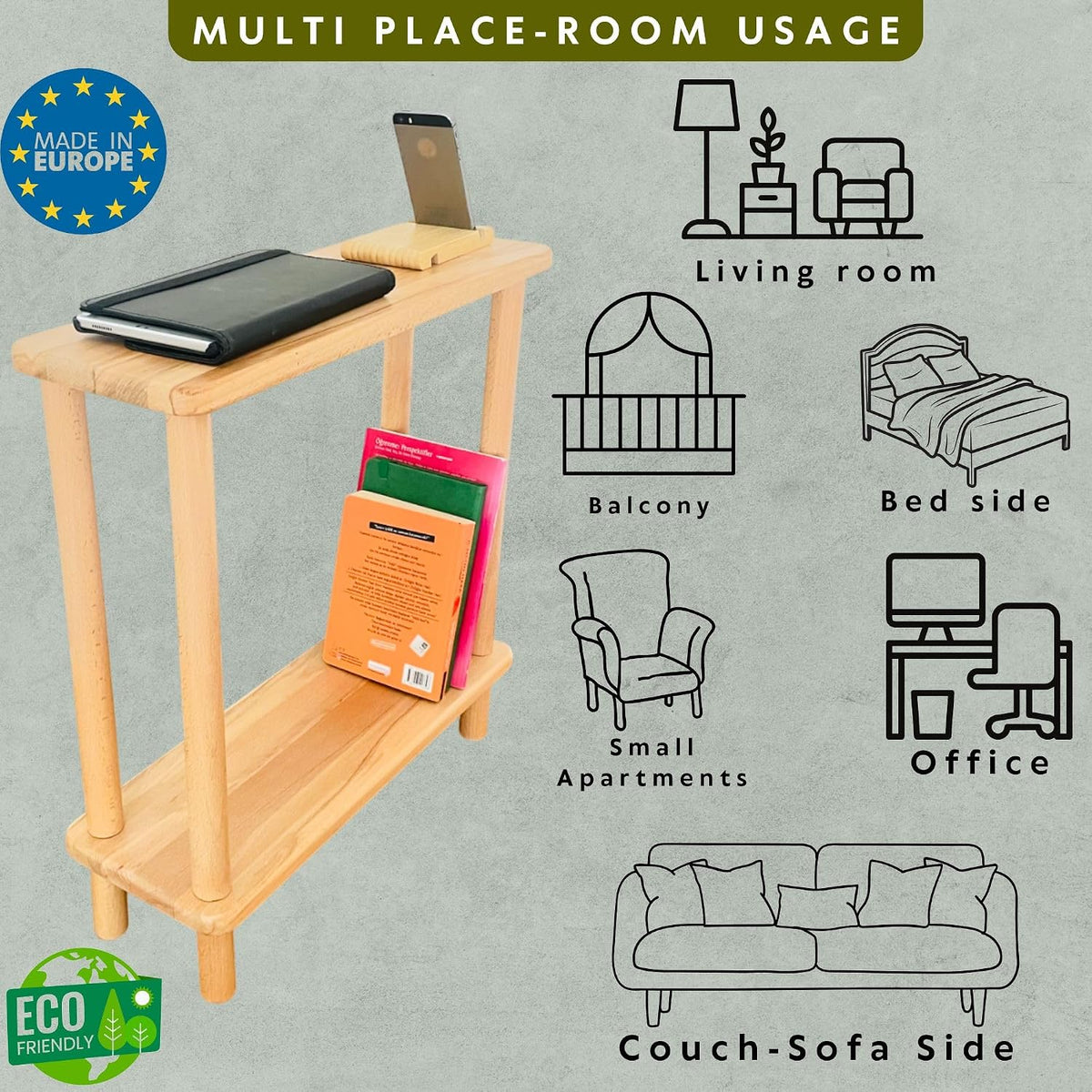 Handmade Slim Side Table Solid Beech Wood for Couch Living Room, Authentic Narrow End Table Hardwood 2 tier with Open Shelf for Office, Bedrooms, Book Rack, Eating Snack Tray, TV (Extra Slim, 7")