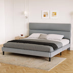 GRUSIGN King Size Platform Bed Frame with Velvet Headboard, Adjustable Height Wooden Slats Support, Upholstered Mattress Foundation, Fits Mattress or Mattress with Box Spring, Easy Assembly, Grey