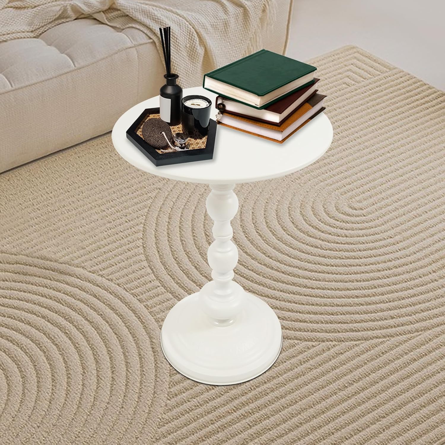 Small Round Side Table - Retro Metal Pedestal End Table for Living Room, Bedroom, Sofa & Small Spaces, 15.7'' ×20.5'' (White)