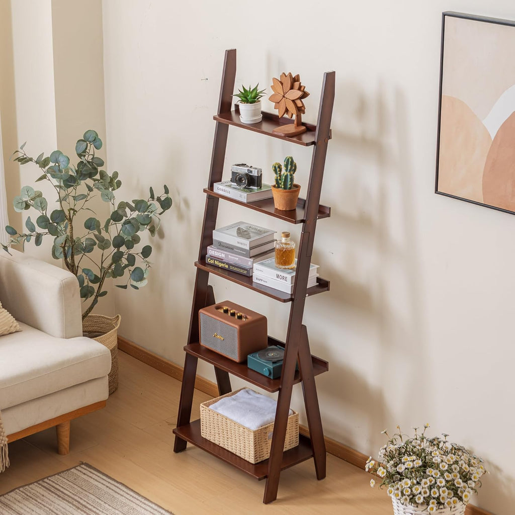 Maydear Bamboo Ladder Shelf Bookcase, 5-Tier Leaning Bookshelf Free Standing Organizer Storage Shelves for Living Room, Bedroom, Kitchen, Home Office, Balcony, Dark Walnut