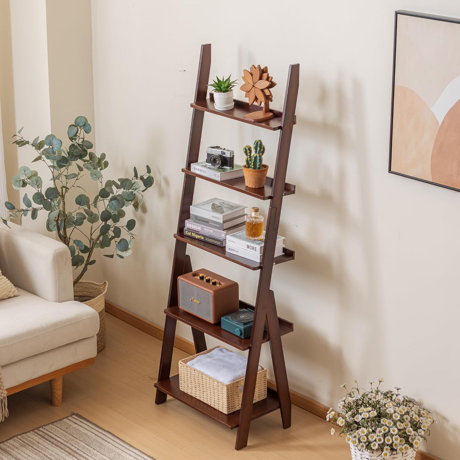 Maydear Bamboo Ladder Shelf Bookcase, 5-Tier Leaning Bookshelf Free Standing Organizer Storage Shelves for Living Room, Bedroom, Kitchen, Home Office, Balcony, Dark Walnut