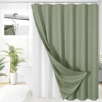 3 in 1 Shower Curtain Set, Sage Green Waffle Shower Curtain and PEVA Liner Set with 12 Stainless Steel Shower Curtain Hooks, Waterproof Fabric Shower Curtains for Bathroom, 72 W x 72 H