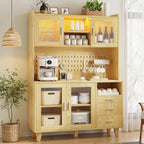 FUXA Modern Farmhouse Kitchen Pantry Cabinet with Charging Station, 71" Tall Storage Cabinet with LED Light, Microwave Stand and Drawers, Buffet Hutch for Living Room, Dining Room, Natural Wood