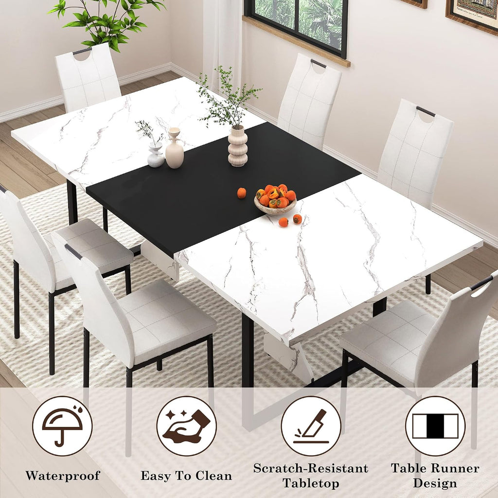 chartustriable 7PCS Dining Table Set with 6 Chairs for 4 5 6 People, 71" Large Wooden Kitchen Table Sets with 6 Upholstered Chairs,6-Person Kitchen Table & Chairs Set for Dining Room Kitchen(White)
