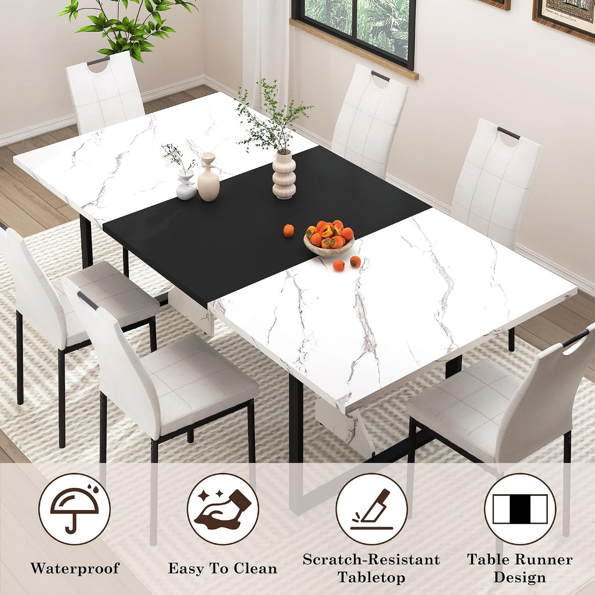 chartustriable 7PCS Dining Table Set with 6 Chairs for 4 5 6 People, 71" Large Wooden Kitchen Table Sets with 6 Upholstered Chairs,6-Person Kitchen Table & Chairs Set for Dining Room Kitchen(White)