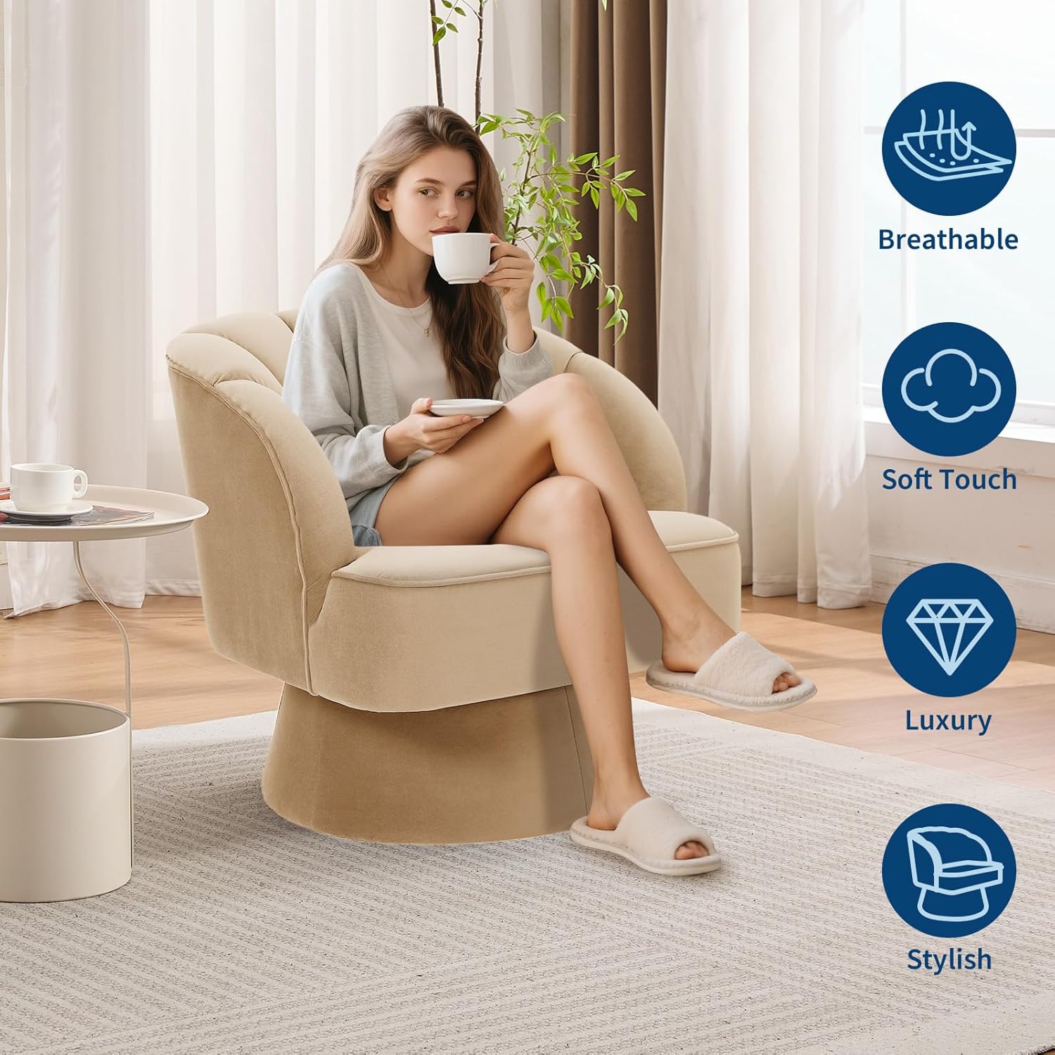GarveeHome Modern 360° Swivel Velvet Barrel Accent Armchair – Striped Backrest & Plush Padding, Comfy Round Lounge Chair for Living Room, Bedroom, Reading Nook