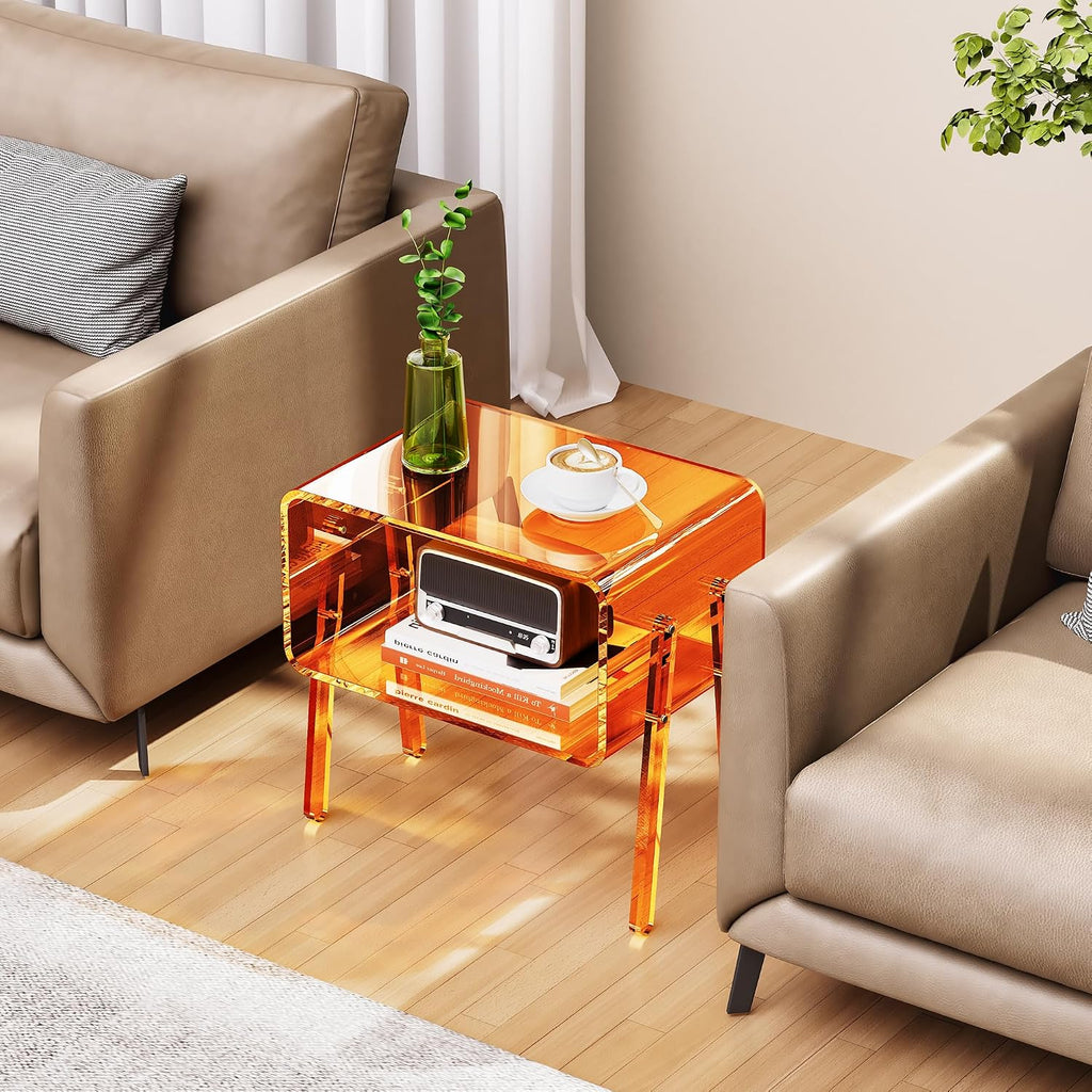 Acrylic Side Table, 2-Tier End Table with Open Storage for Small Spaces, Clear Nightstand Bedside Table with for Bedroom, Living Room (Orange, 16.9" × 11.8“ × 17”)