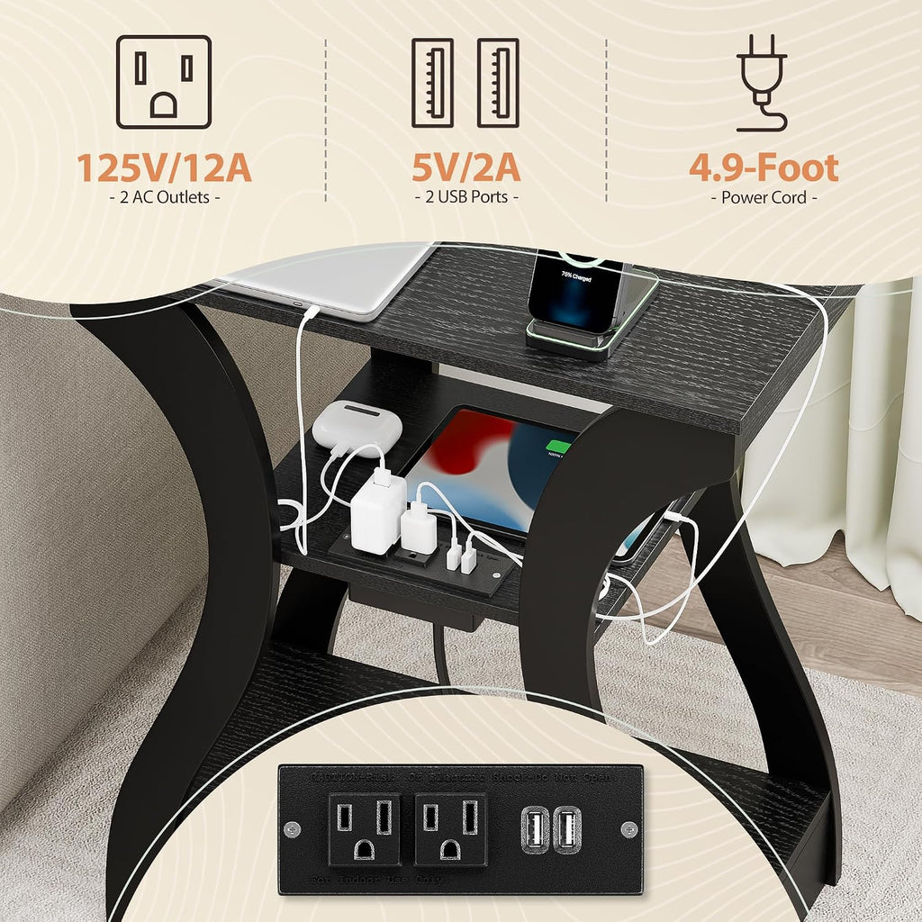 SUPER DEAL End Table Set of 2, Curved Frame Nightstand, Narrow Side Table with Charging Station for Living Room, Bedroom, Small Spaces, 2 USB and 2 Power Outlets, 19.6" W x 11.8" D x 23.4" H, Black
