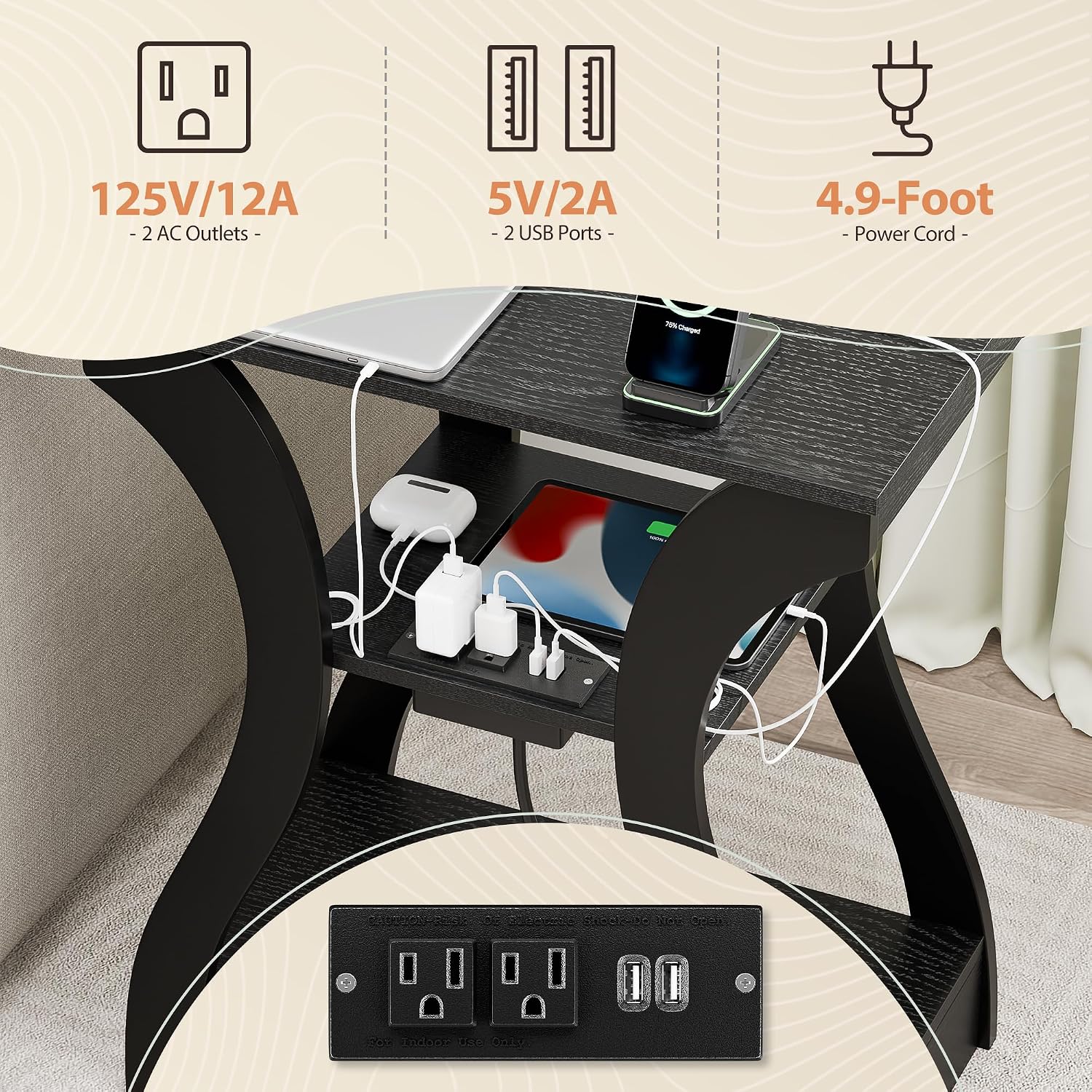 ZENY End Tables Set of 2 with Charging Station, Side Table with USB Ports and Outlets, 3 Tier Nightstand with Storage Shelf for Living Room, Bedroom, Black