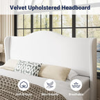 Allewie King Size Bed Frame, Plush Velvet Wingback, Modern Style, White
