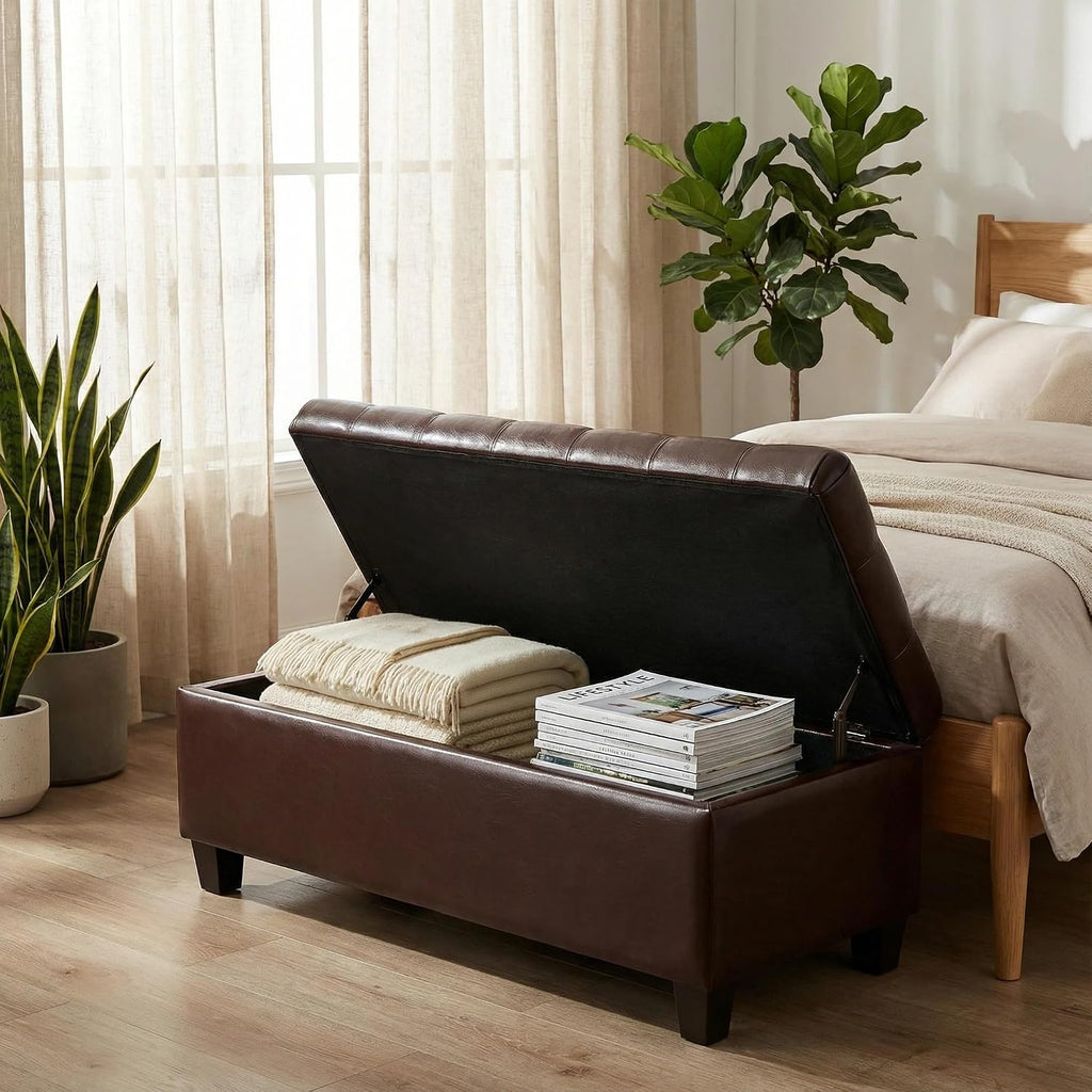 Leather Storage Bench for Living Room, End of Bed Bench with Storage, Large Upholstered Ottoman Benches Entryway Bench with Button-Tufted Shoe Cabinet Ottoman for Dining Room, Hallway, Brown