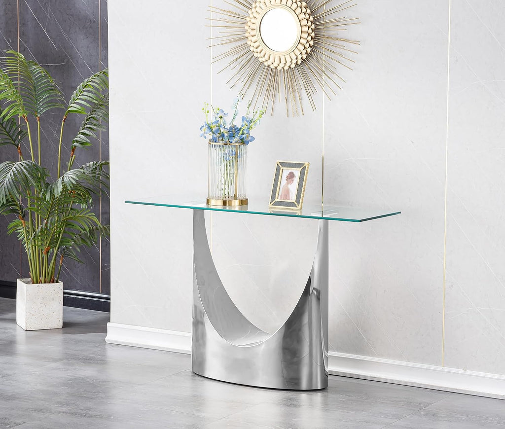 Luxury Silver Glass Console Table, Modern 47" Rectangle Entryway Table with Mirrored U-Shape Stainless Steel Base, Clear Glass Sofa Tables Behind The Couch Hallway Tables for Living Room