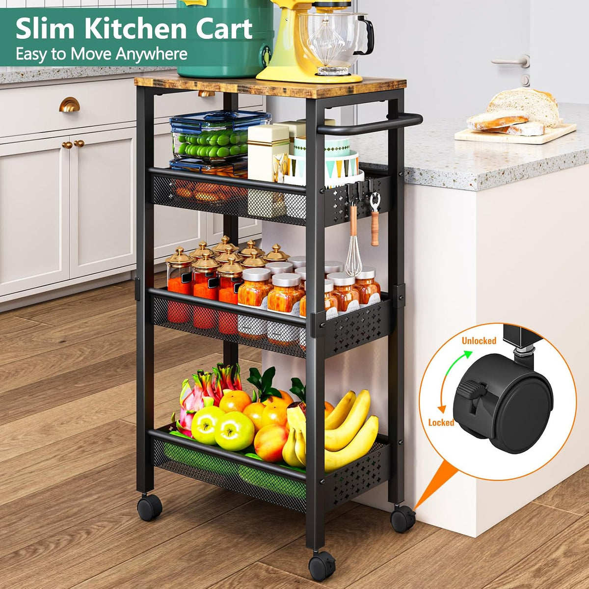 Vivihomety 4-Tier Laundry Utility Rolling Cart with Wheels, Metal | Narrow 8.1" wide, lockable wheels, wood top panel, metal frame, for laundry room, small spaces, pantry, tight gaps, Black