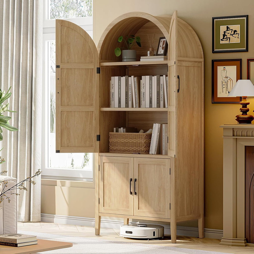 ONBRILL 71" Tall Wooden Arched Cabinet, 5-Tier Arched Kitchen Pantry Cabinet with Doors & Shelves, Farmhouse Kitchen Arch Cabinets with Adjustable Feet, Wooden Pantry Storage for Dining Room(Oak)