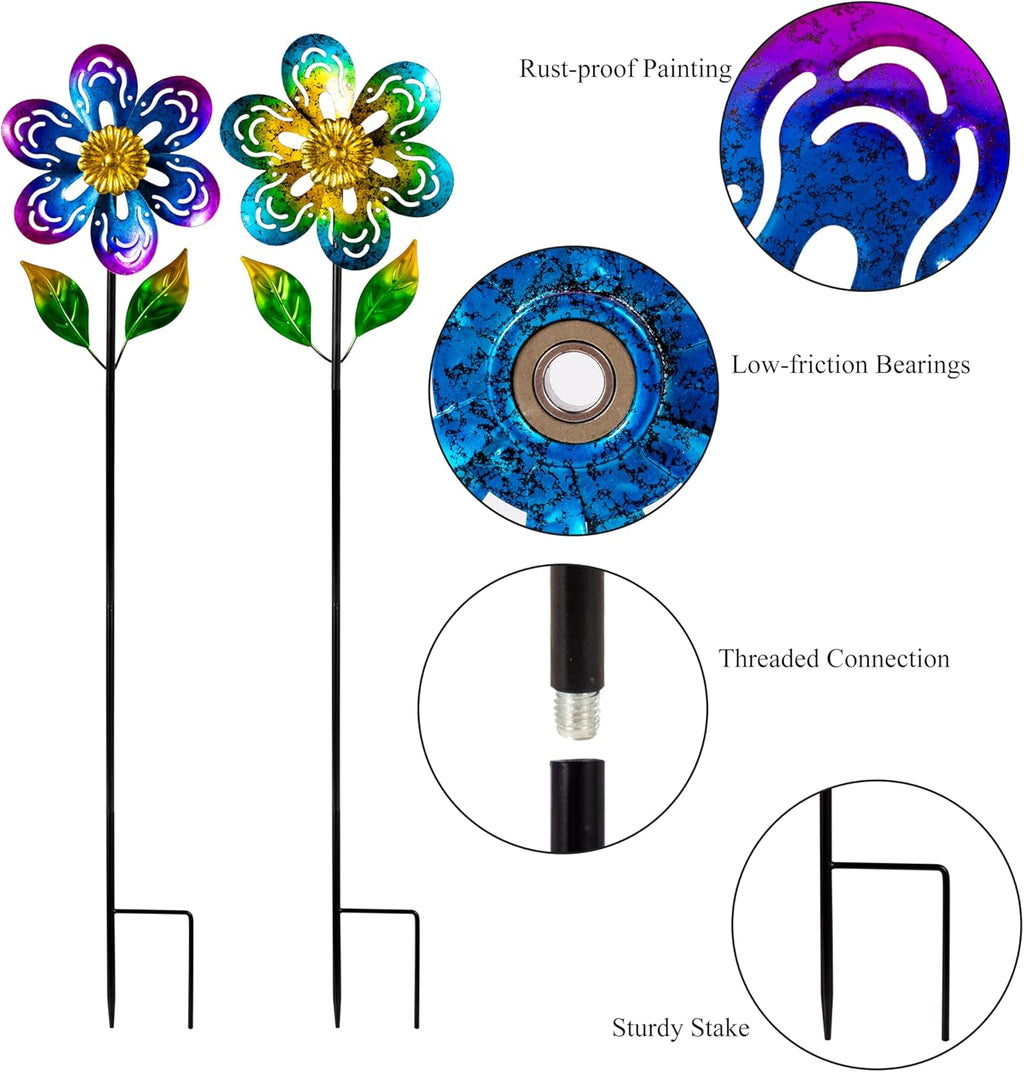 Viveta 2 Pack Wind Spinners,Flower Garden Sculpture, Metal Windmill, Green and Purple Pinwheels for Yard Lawn Patio Decor