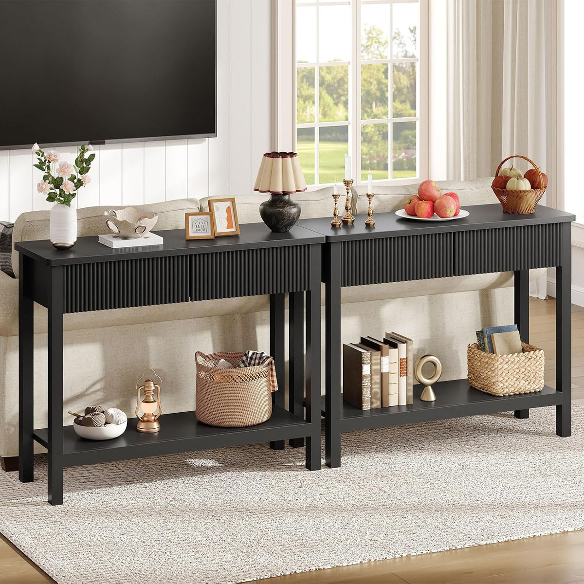 HOOBRO 39.4" Console Table with 2 Wavy Drawers, Narrow Long Entryway Table with Storage Shelf, 2 Tier Modern Sofa Table Wooden Behind Couch Table, Hallway Table for Living Room, Black BK89XG01N1