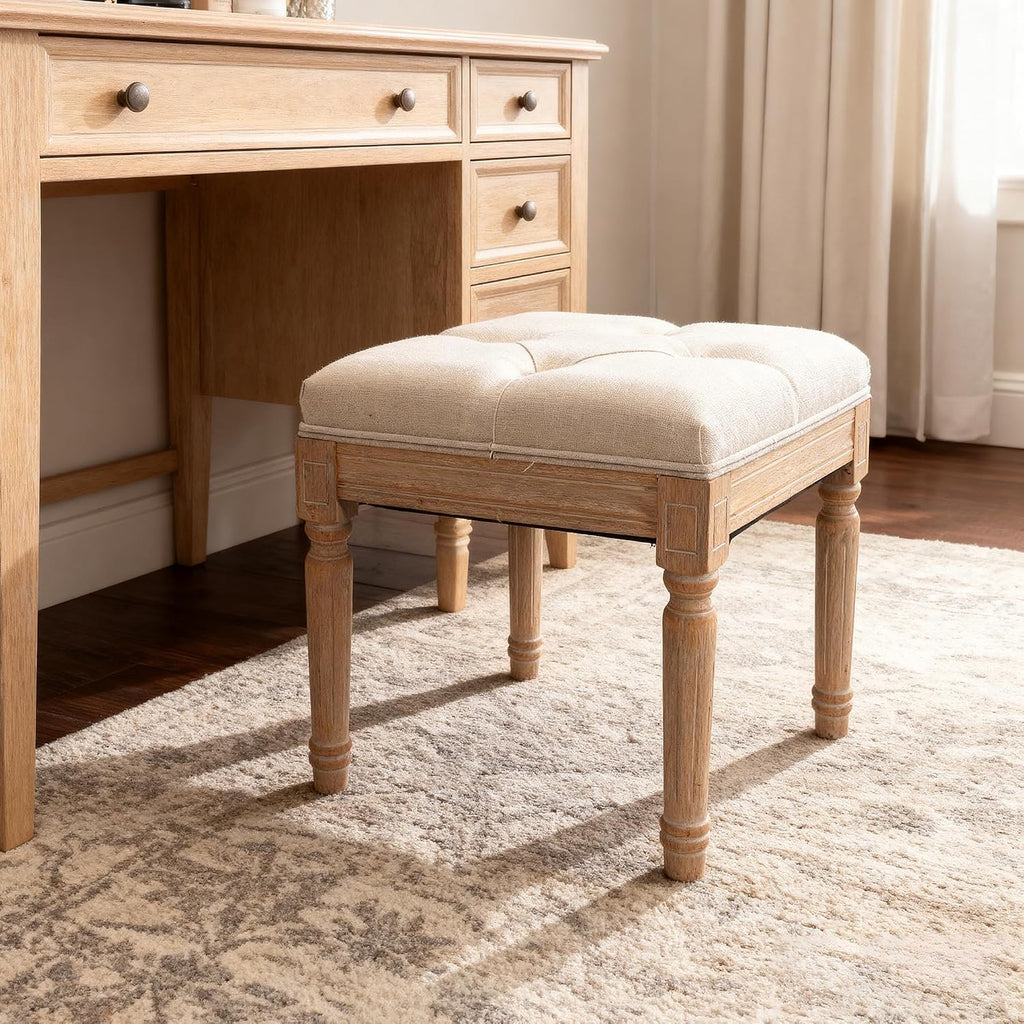 Square Vanity Stool Bench, 15.7" Small Ottoman Foot Stool with Padded Button Tufted Seat, Upholstered Ottoman Bench Chair for Makeup Room, Living Room, Bedroom, Piano, Foot Rest, Beige