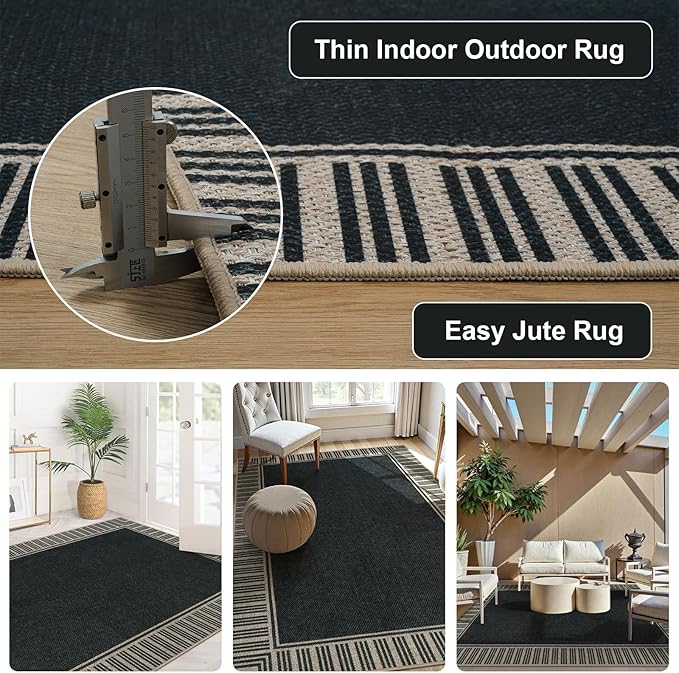 OJIA Easy Jute 5x7 Outdoor Rug, Washable Patio Rugs for Living Room Striped Border Indoor Outdoor Carpet Farmhouse Non-Slip Black Rug Geometric Area Rug for Porch Backyard Dining Room