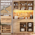 71'' Fluted Kitchen Pantry Cabinet with Power Outlet & LED Light, Food Kitchen Hutch with Countertop, Wood Pantry Storage Cabinet with a Drawer & Shelves for Living Room, Dining Room, Natural