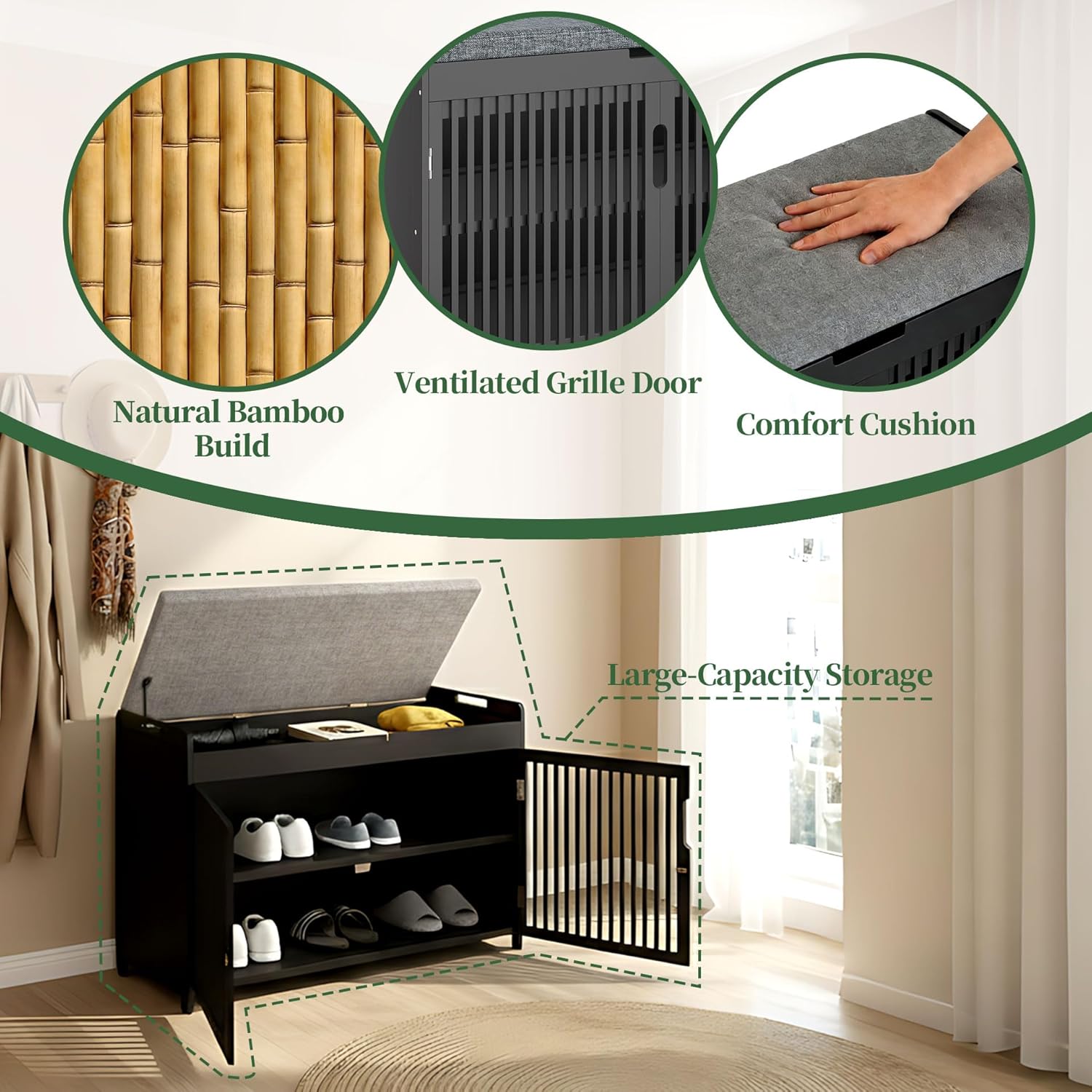 APRTAT Bamboo Shoe Storage Bench with Padded Cushion, 3-Tier Shoe Rack Organizer with 2 Ventilated Grille Doors for Entryway, Bedroom, Bathroom (Black, Large)