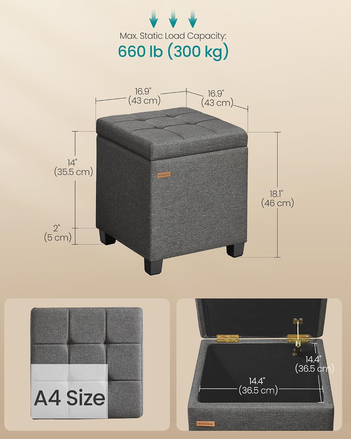 SONGMICS Square Storage Ottoman with Hinged Lid, 16.9 x 16.9 x 18.1 Inches | Foot Stool Footrest with Legs, Cube, Linen-Look Fabric, for Living Room, Bedroom, Grey, MACEO Collection ULOM509GN01