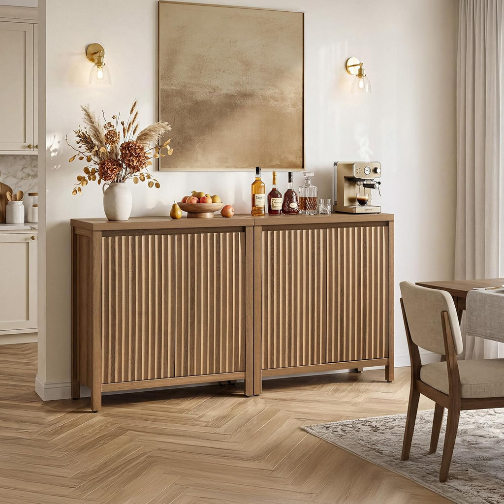 SICOTAS Sideboard Buffet Cabinet with Storage, Fluted Credenza Console Cabinet with Adjustable Shelves, Farmhouse Coffee Bar Storage Cabinets for Kitchen, Living Room, Entryway, Caramel Oak, 2 PCS