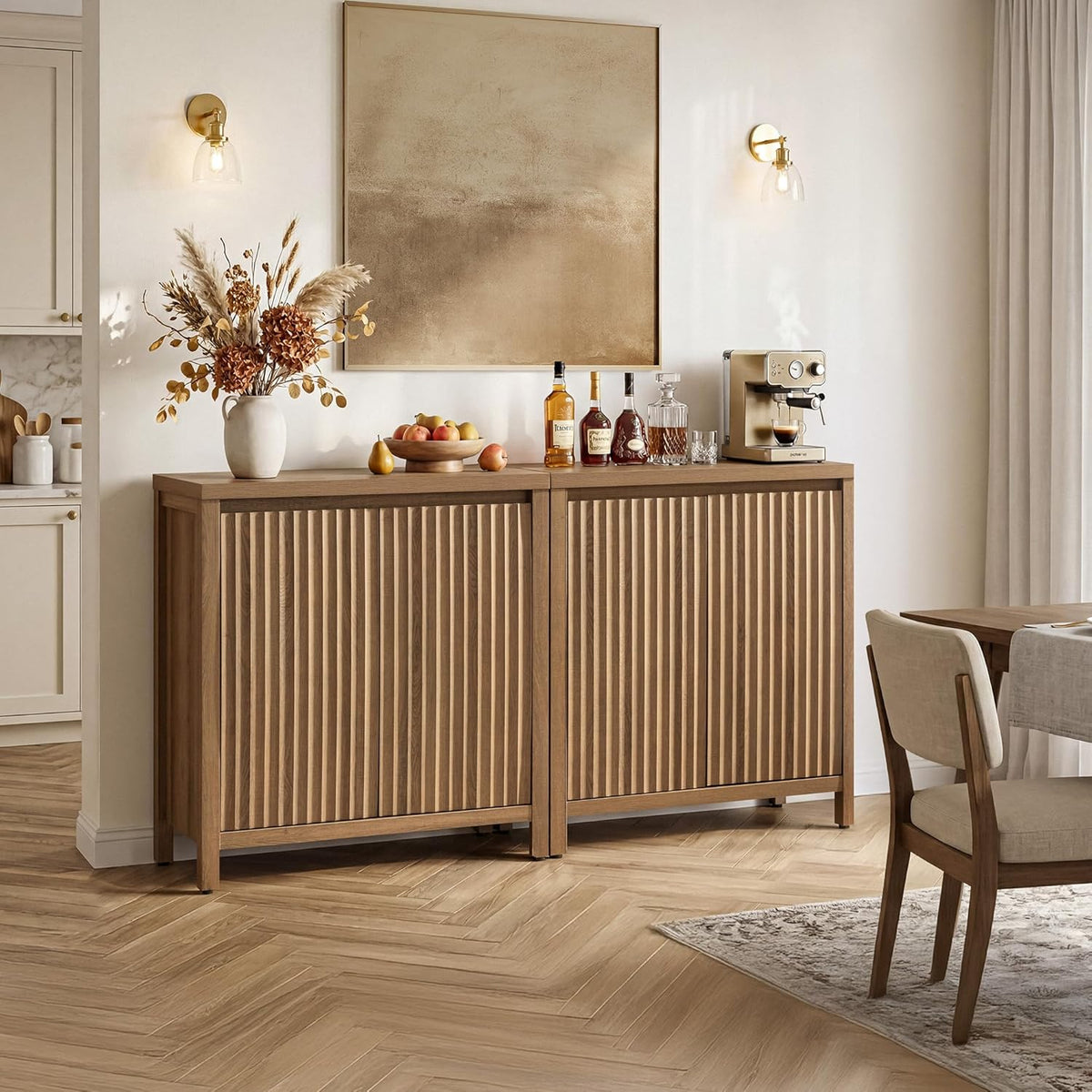 SICOTAS Sideboard Buffet Cabinet with Storage, Fluted Credenza Console Cabinet with Adjustable Shelves, Farmhouse Coffee Bar Storage Cabinets for Kitchen, Living Room, Entryway, Caramel Oak, 2 PCS