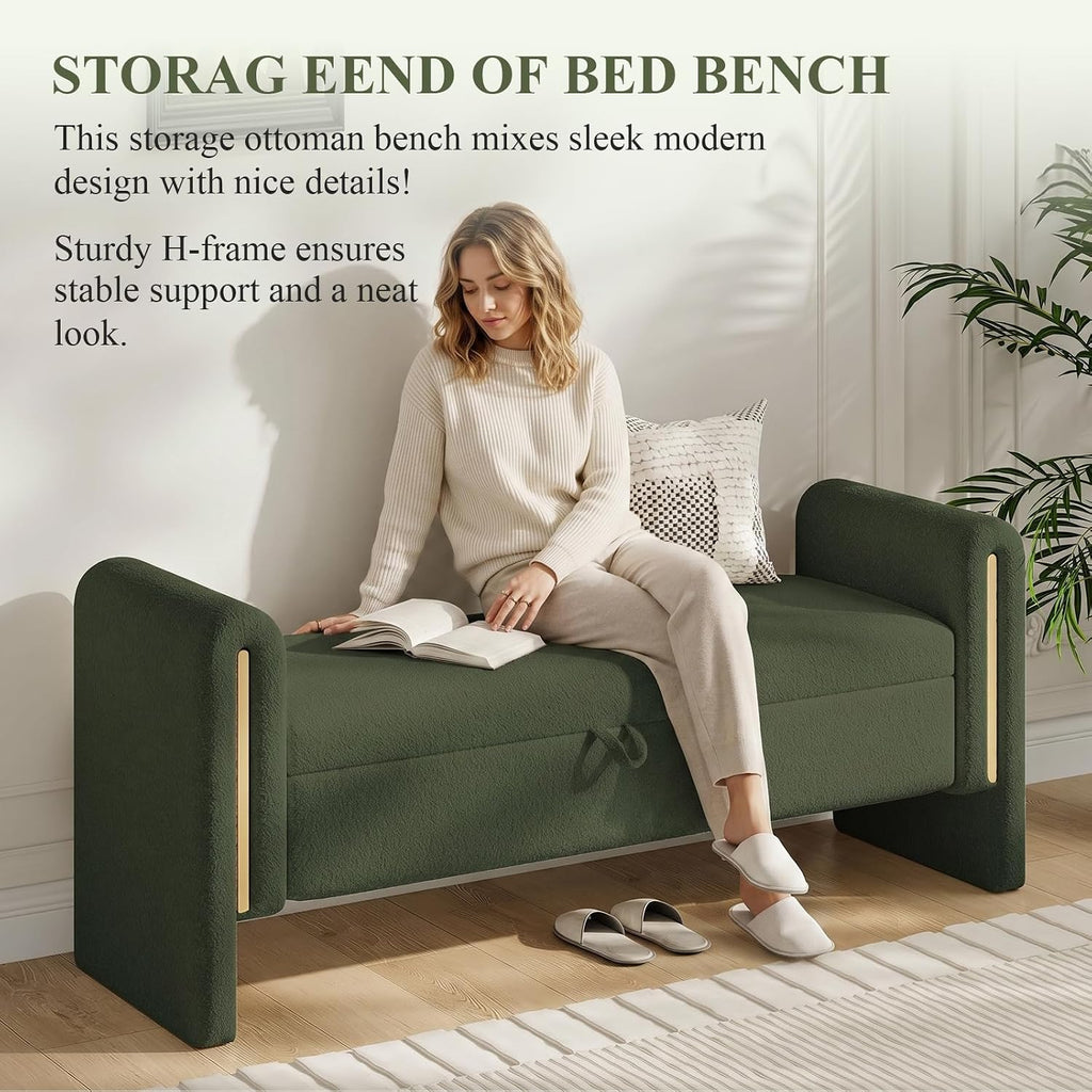 52" Storage Ottoman Bench, Teddy Upholstered End of Bed Bench with Pull-Ring, Storage Bench with Armrest, Window Bench Sturdy with Safety Hinge,Entryway Bench for Bedroom(Olive Green)