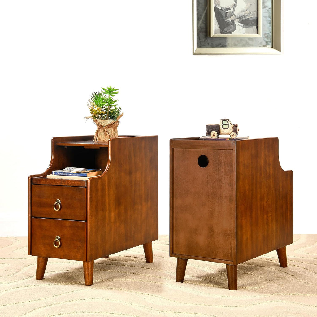 Narrow End Side Table with 2 Drawers and Pull-Out Tray, No-Tools Assembly Sofa Beside Table for Living Room, Slim Side Table with Solid Wood Legs, 11.8”W x 21.6”L x 22.9”H Caramel Brown BG-A1359-MG