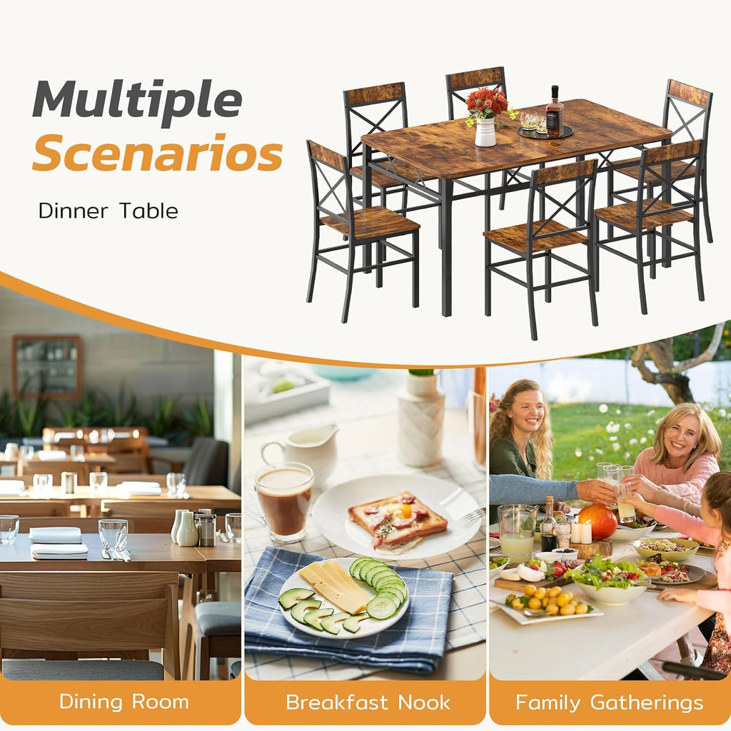Zevemomo 7-Piece Dining Table Set, Kitchen Table Chairs Set of 6, Brown | Dining Room Sets for 6, Farmhouse Dining Table Set with 6 X-Shaped Curved Backrest Chairs, For Kitchen & Living Room