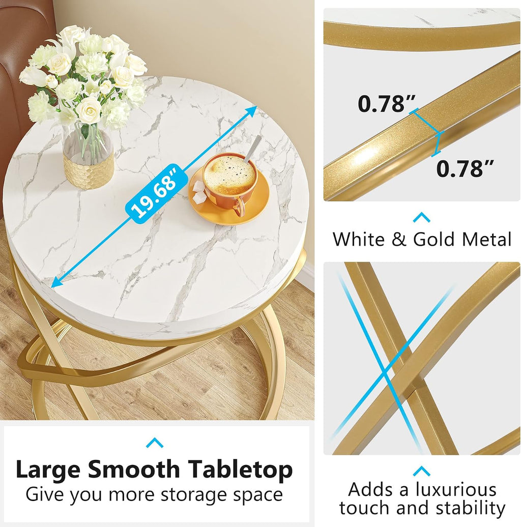 Tribesigns Round End Table with Engineered Wood Tabletop, 26 Inches Round Side Tables Living Room with Double X-Shaped Metal Ring-Cross Legs, Faux Marble Veneer Nightstands for Livingroom Bedroom (1)
