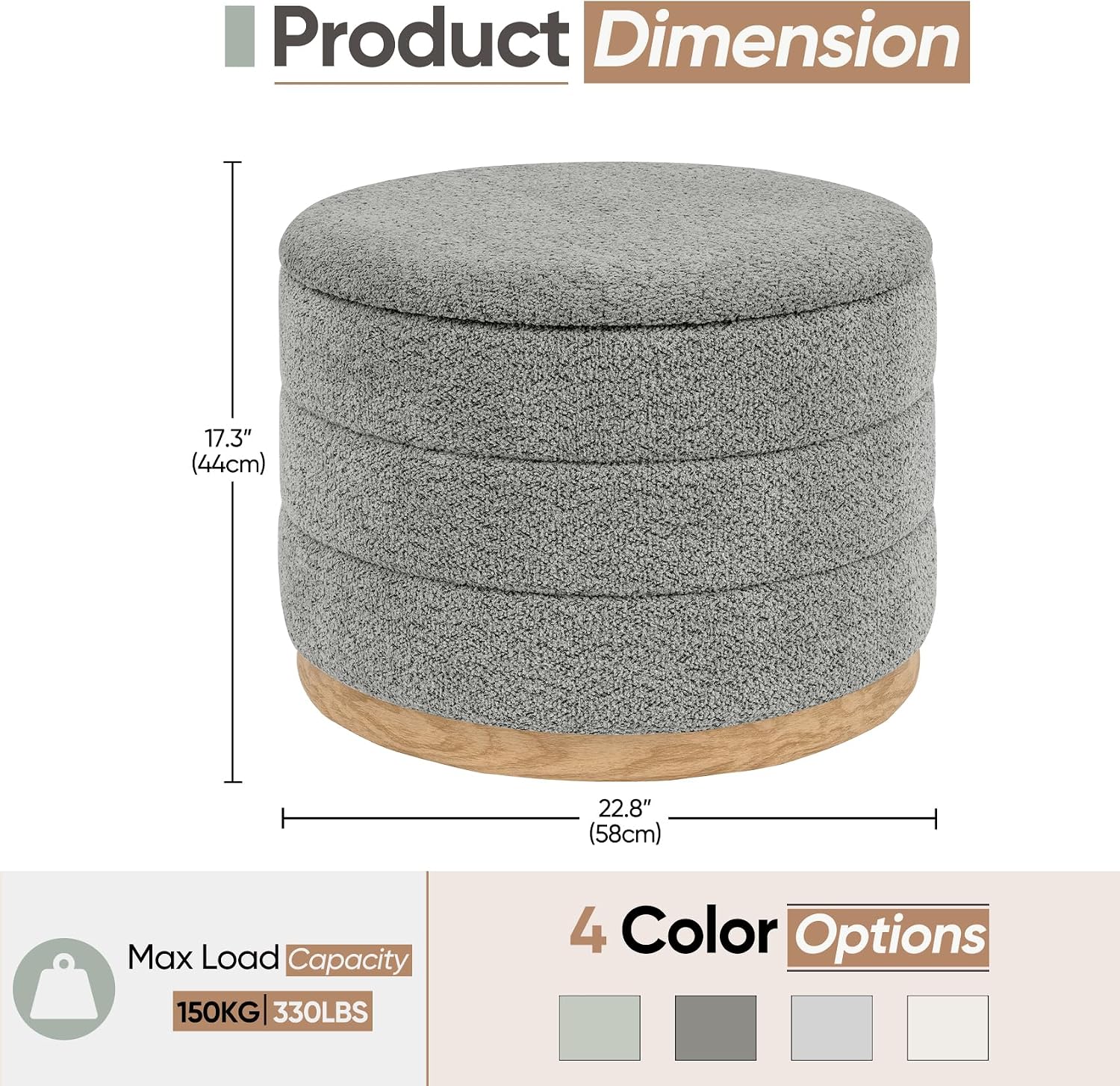 Round Storage Ottoman with Tray Lid, Folding Chenille Fabric Footrest with Hidden Storage, 22.8" Large Footstool Side Table for Dorm Living Room Bedroom, Wood Grain Base, Grey