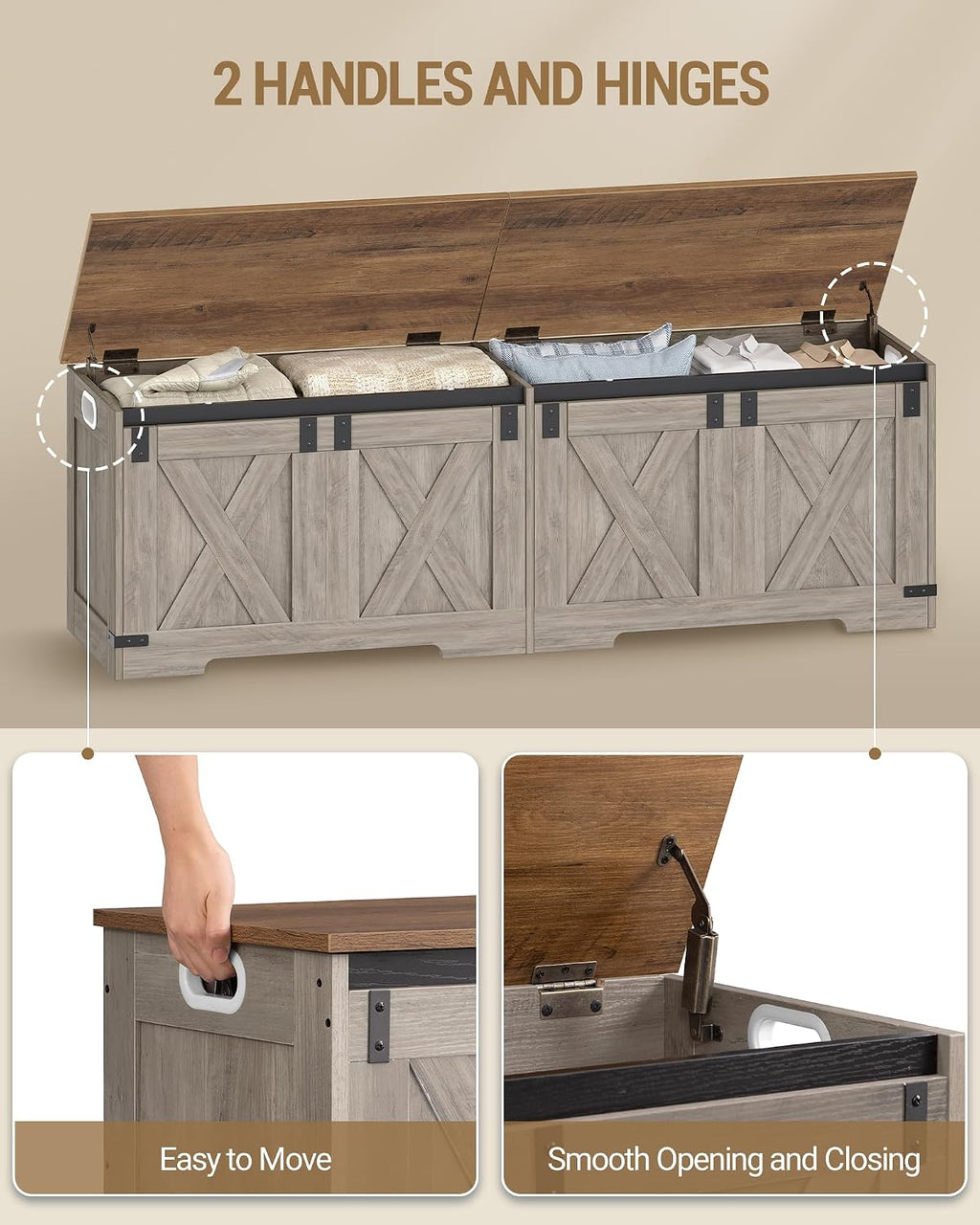 Hzuaneri 59" Farmhouse Storage Chest and Bench | 70 Gal | 330lb Seat | Soft-Close Hinges | Greige Wooden | Shoe and Blanket Storage for Bedroom, Living Room, Entryway | Easy Assembly | SB15005X
