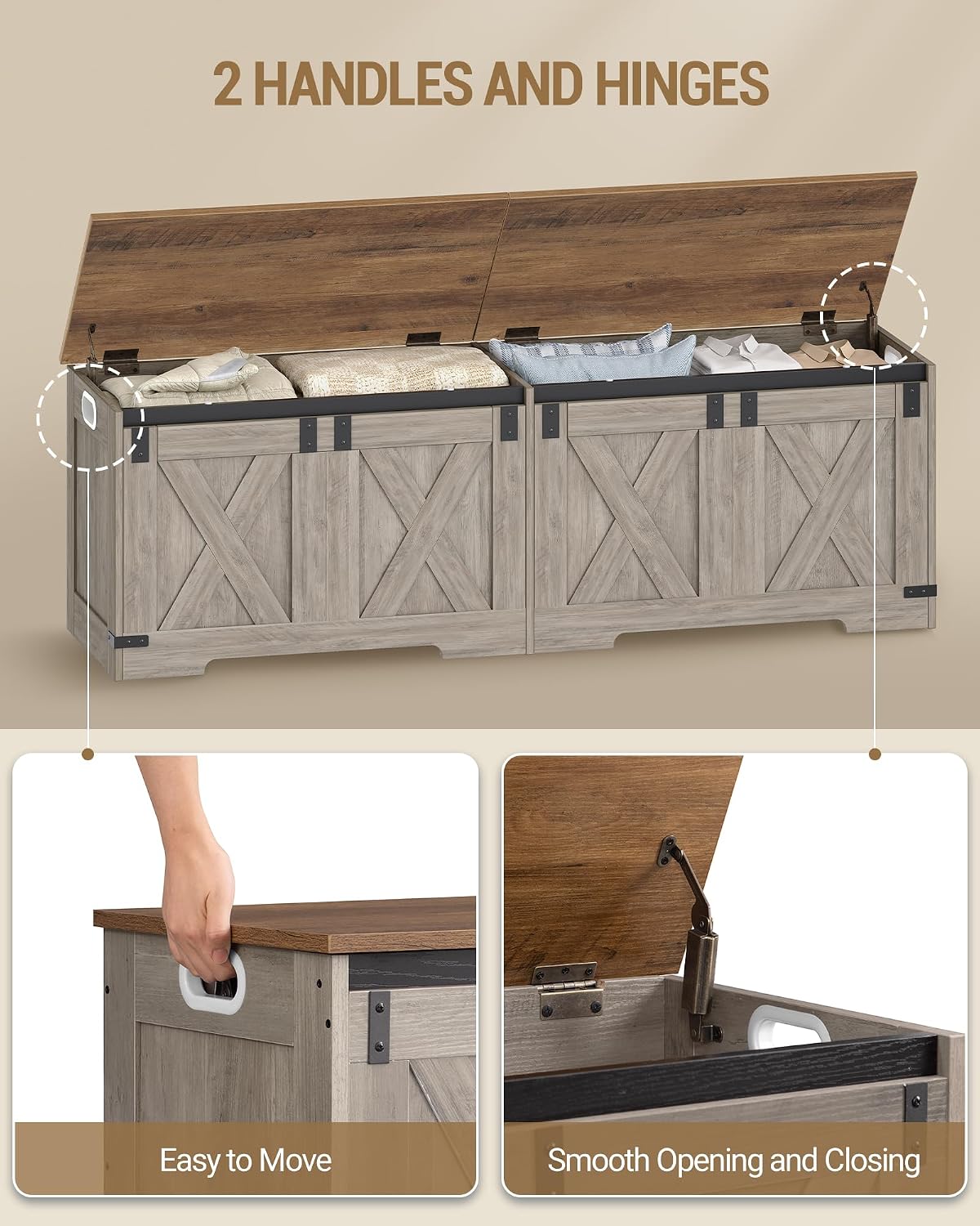 Hzuaneri 59" Farmhouse Storage Chest and Bench | 70 Gal | 330lb Seat | Soft-Close Hinges | Greige Wooden | Shoe and Blanket Storage for Bedroom, Living Room, Entryway | Easy Assembly | SB15005X